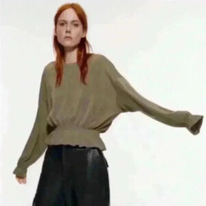 Zara Olive Green Peplum Hem Ribbed Crewneck Cinched Waist Sweater Size Large